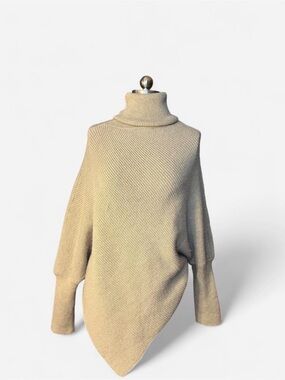 Tan Ribbed Turtleneck Poncho Sweater Asymmetrical Hem